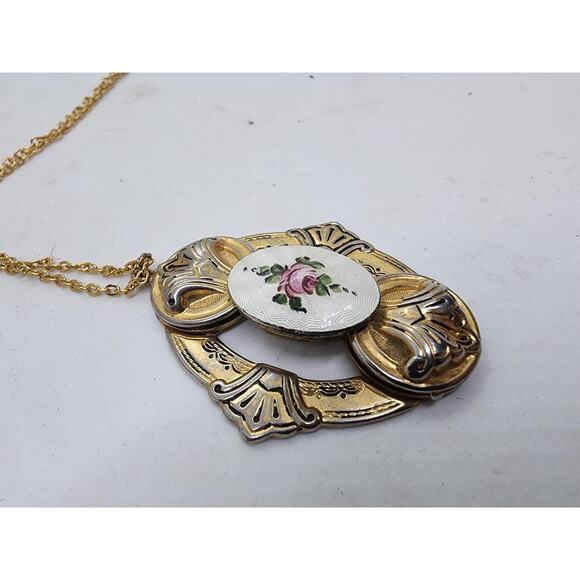 Antique Guilloche Enamel Rose 2 Photo Locket rotating Pendant early 1900s rare - Picture 11 of 13